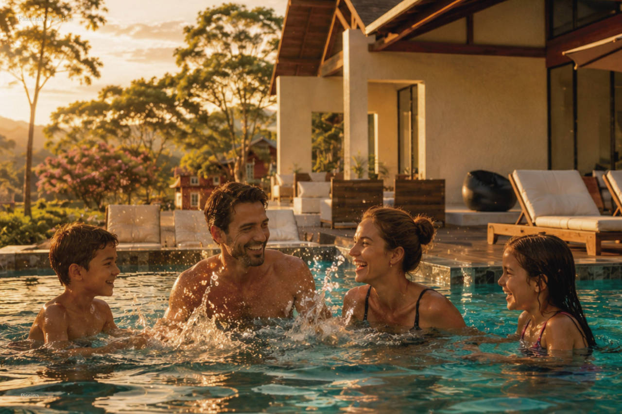 Família na piscina aquecida do clubhouse